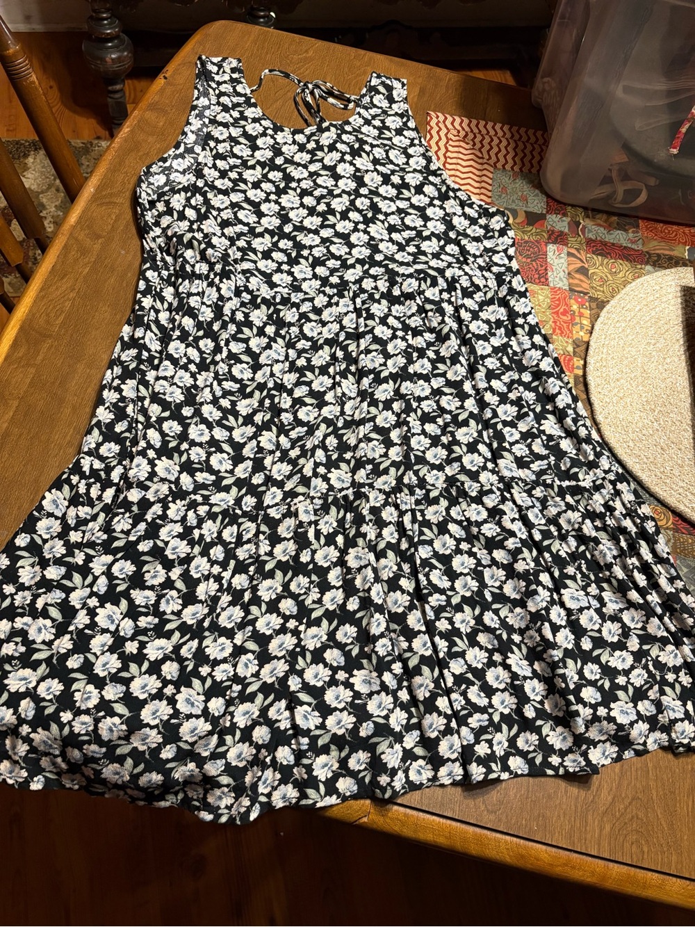 American Eagle Black Floral Tie-Back Tiered Sundress